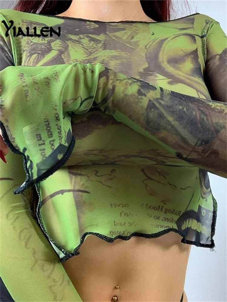 Yiallen Autumn Mesh Vintage Printed Tops Women Side Slit Flare Sleeve O Neck T-shirt Trend Casual Streetwear Skinny Tees Hot