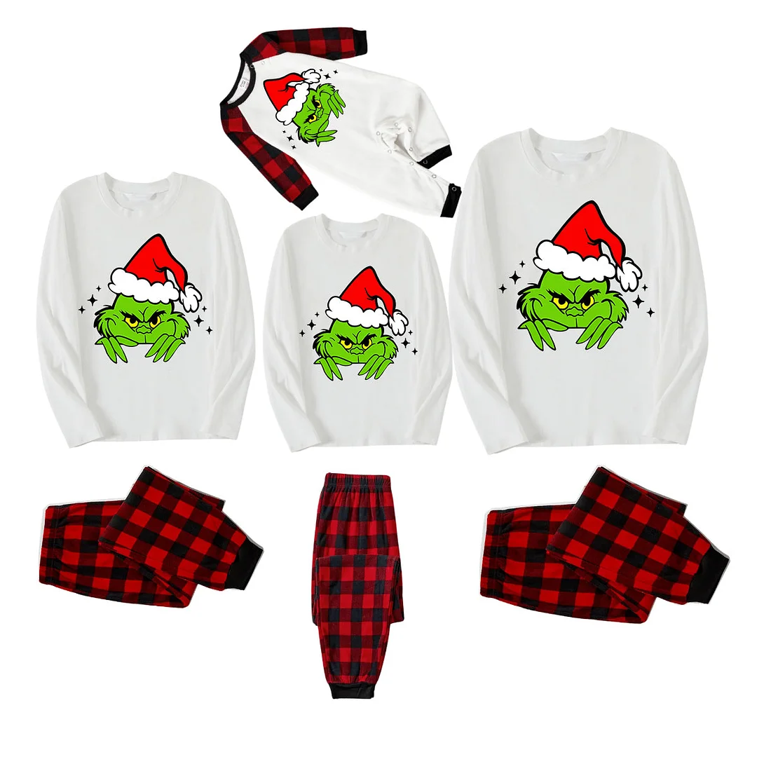 Christmas Cute Green Cartoon Pattern 2024 White Long Sleeve with Black&Red Plaid Pants Family Matching Pajamas