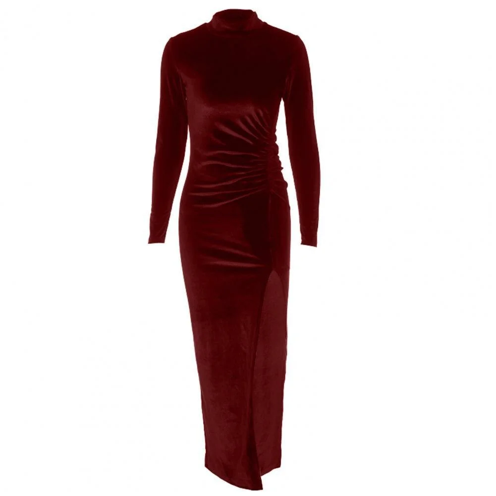 Dress Long Sleeve Turtleneck Side Split Velvet Dresses Ladies Party Fashion Bodycon Dress Evening Party Drew ss robe vestido