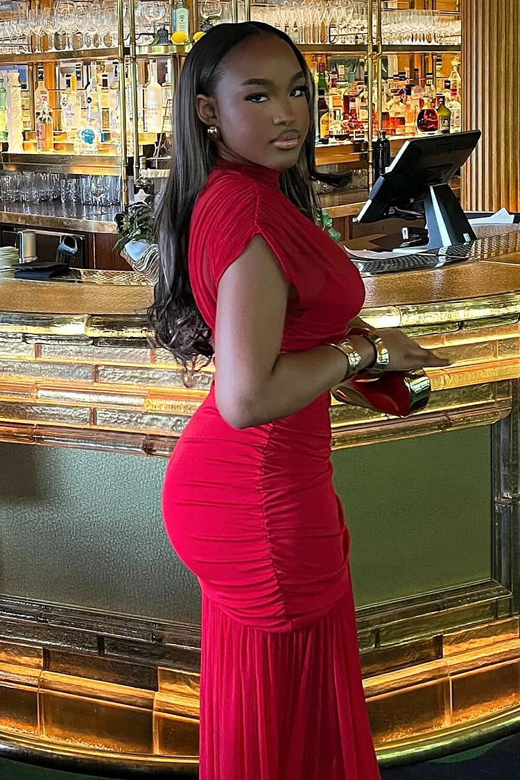 Illusion Neck Cap Sleeve Semi-Sheer Hem Party Maxi Dresses-Red [Pre Order]
