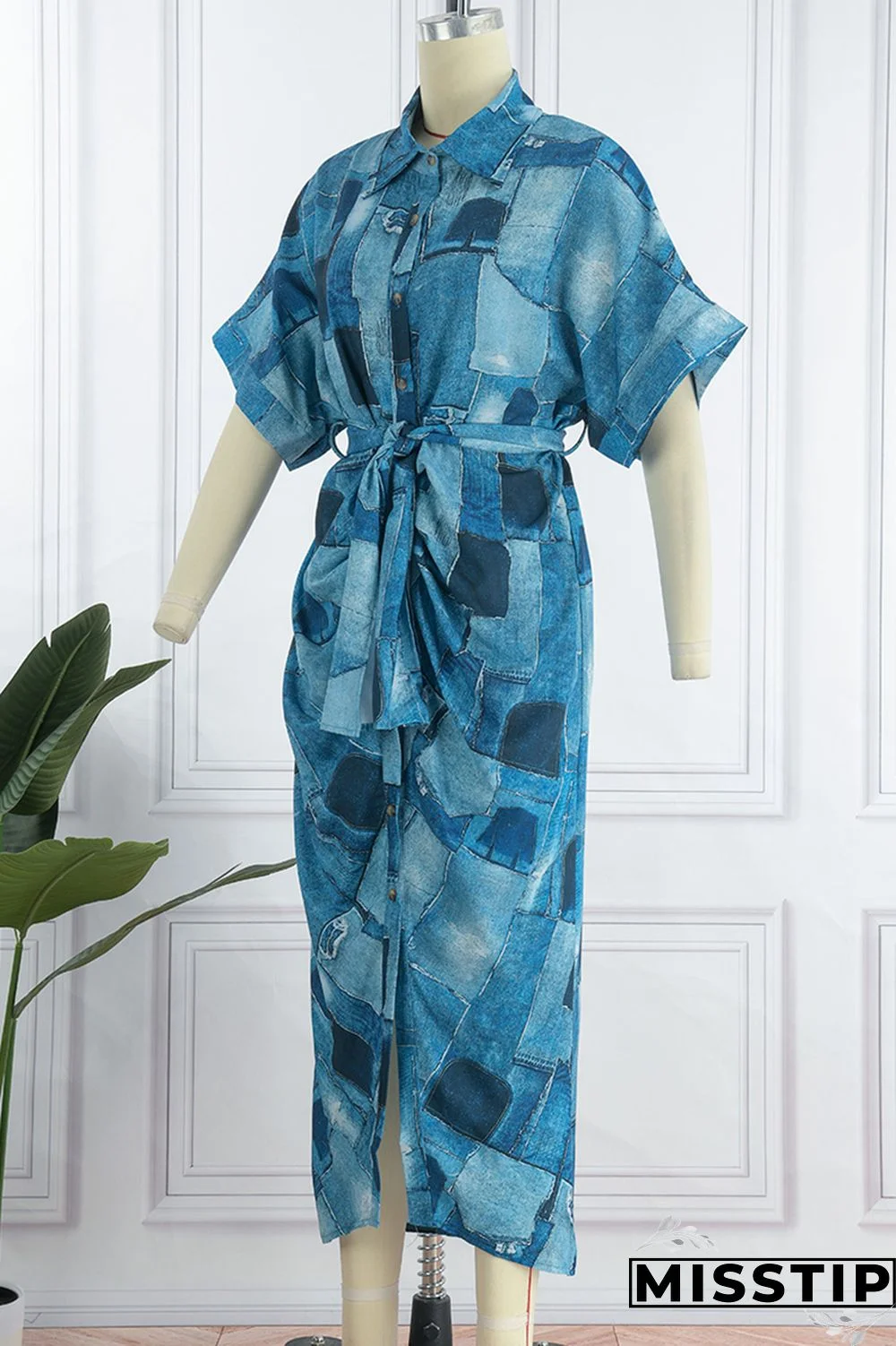 Blue Fashion Casual Print Patchwork Turndown Collar Shirt Dress