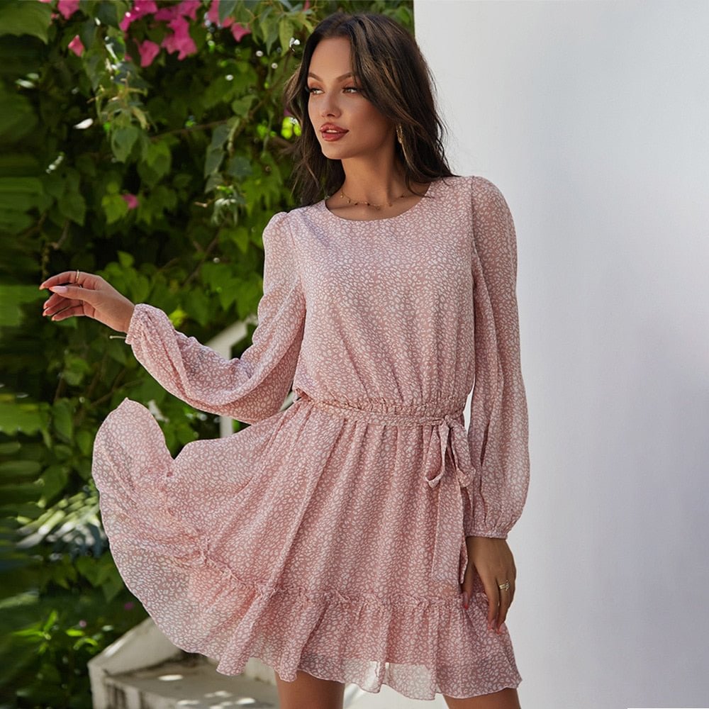 Ladies Vintage Mini Chiffon Dress Women Casual Long Sleeve Ruffles High Waist Bohemian Spring Summer Women Dress Vestidos Female