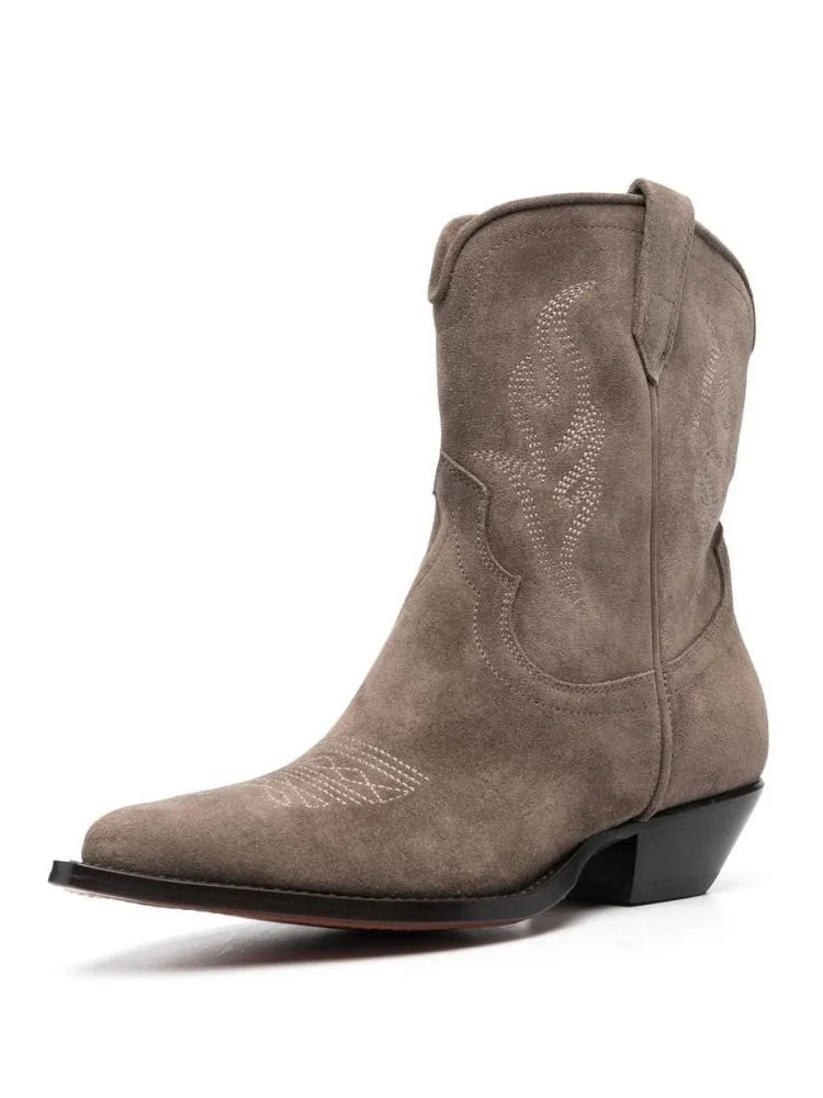 Taupe Embroidered Faux Suede Ankle Boots Pointy Block Heeled Western Cowgirl Boots