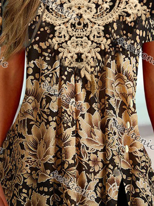 Women Short Sleeve U-neck Floral Printed Tops