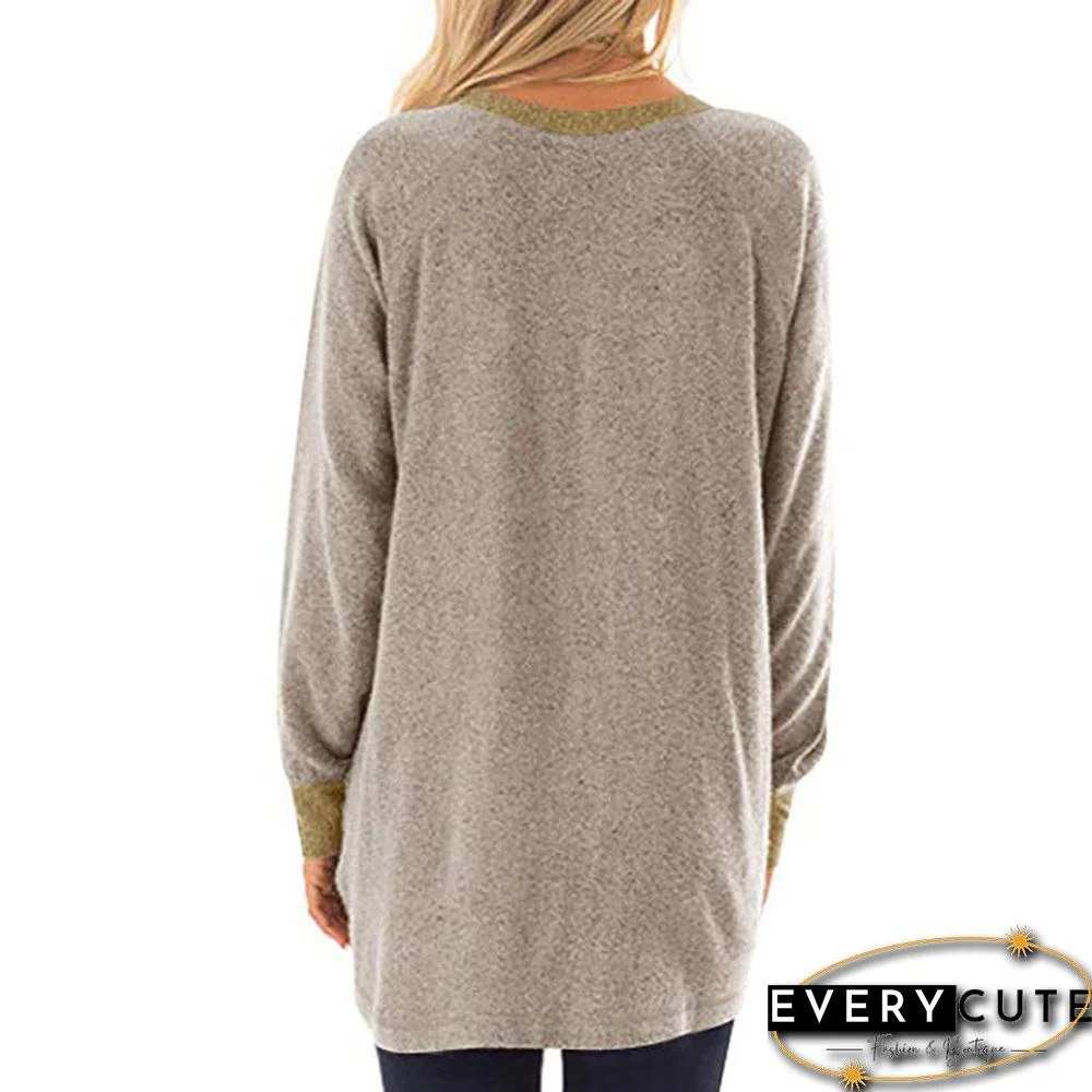 Khaki Colorblock Autumn Sweatshirt with Pockets