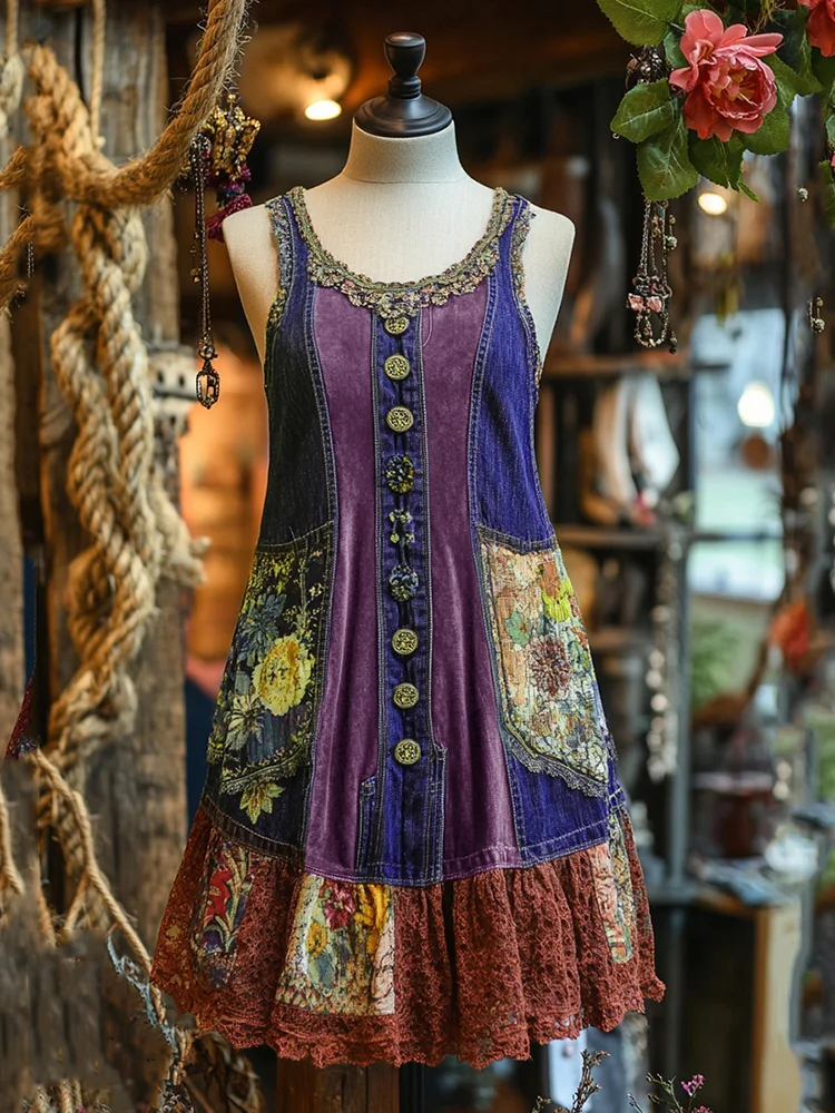 Vintage Denim Patchwork Lace Art Sleeveless Dress