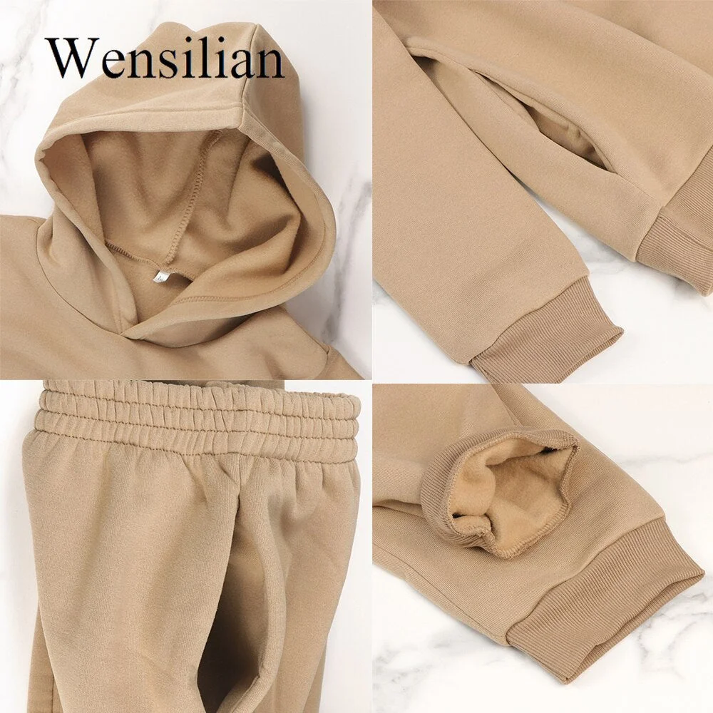 Oversize Hoodie Sweatshirts Women Winter Fleece Tracksuit Sets Solid Long Pant Matching 2 Pieces Sets Ladies Sweatshirt Pantsuit