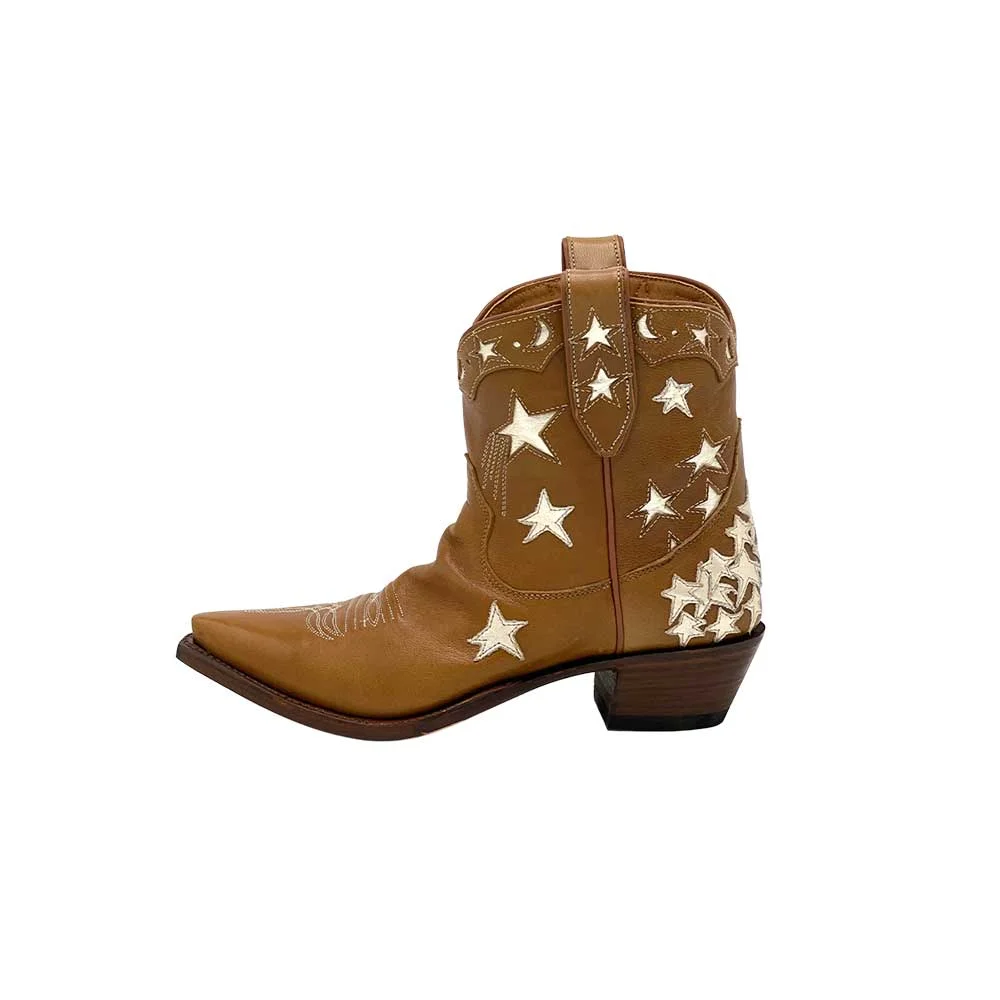 Brown Pointed Toe Star Patchwork Cowgirl Ankle Boots With Chunky Heels Nicepairs