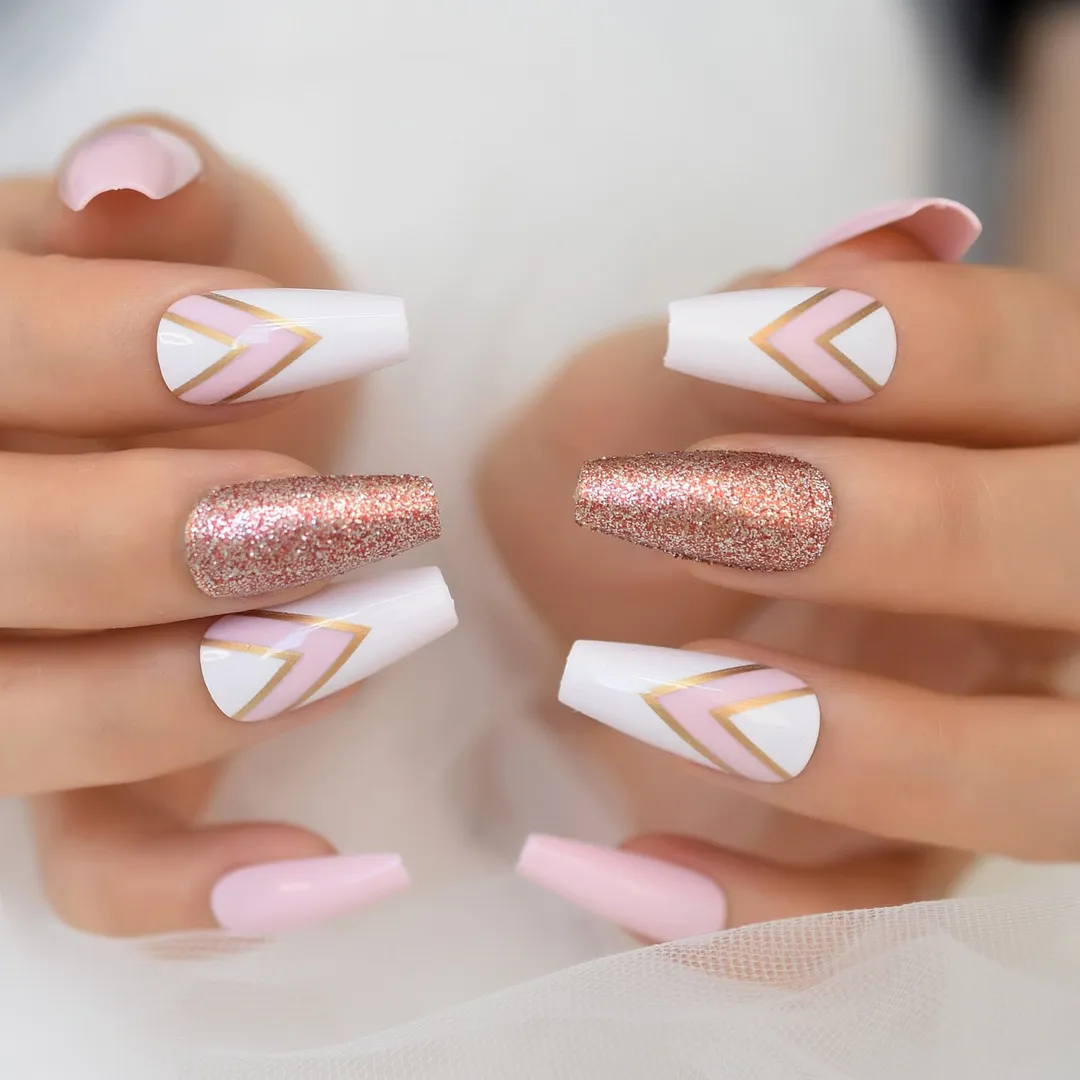Medium Coffin Press On Nails With Design Pink Double V Pattern Glitter Fake Nails Long Acrylic False Nails Kit Ballerina Tips-Nail Inspo