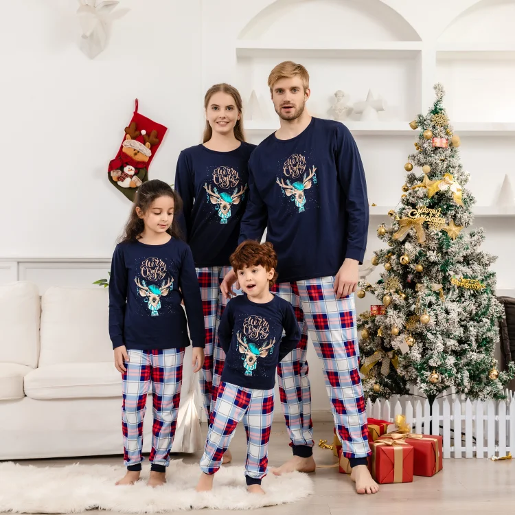 Cartoon Deer Print Navy Blue Christmas Family Matching Pajamas Set