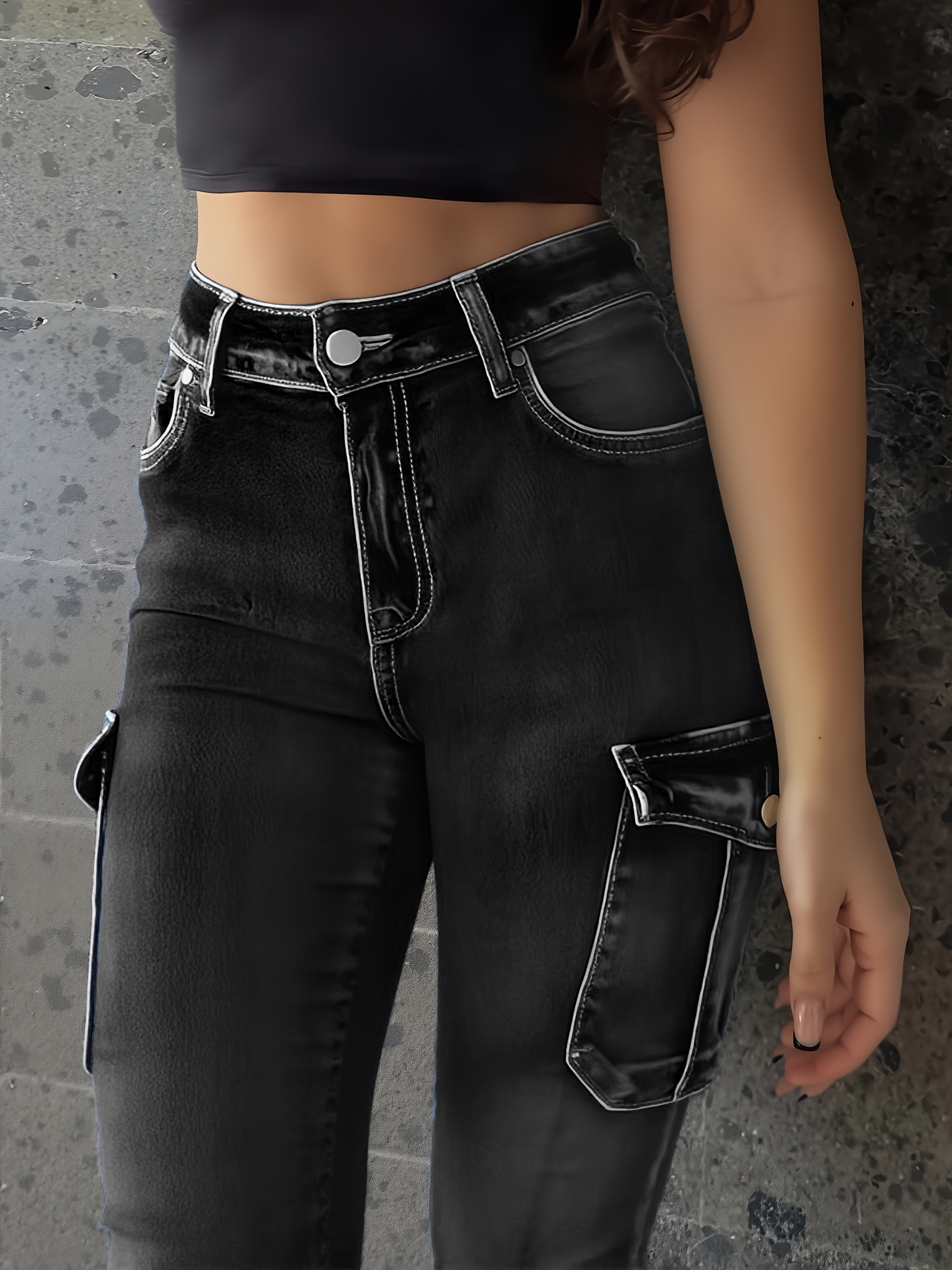 Plus Size Women's High Waist Stretch Skinny Denim Trousers - Vintage Cargo Pants With Multiple Side Pockets, Button Closure, Machine Washable Summer Casual Outfits, Casual Attire, Flattering Fit Jeans, Comfortable Fabric | IFYHOME