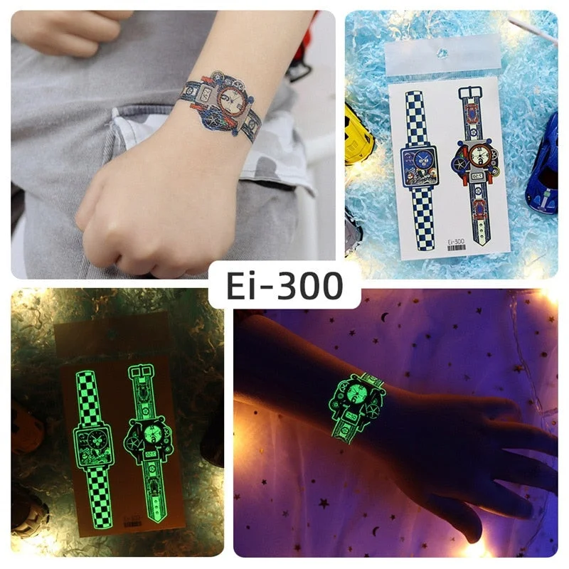 24 kinds Luminous Tattoo Sticker Children Arm Face Glowing Tattoos Watch Boys Body Art Girls Tatto Party Makeup Kids Gift