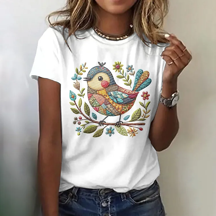 Simpfit Damen Vintage Vogel und Blumen Kunst Casual T-shirt
