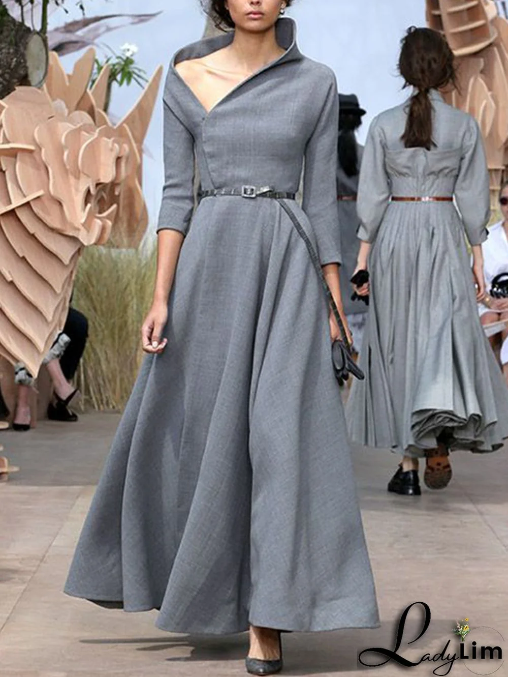 Casual Oblique Collar Solid Half Sleeve Belt Midi Dress