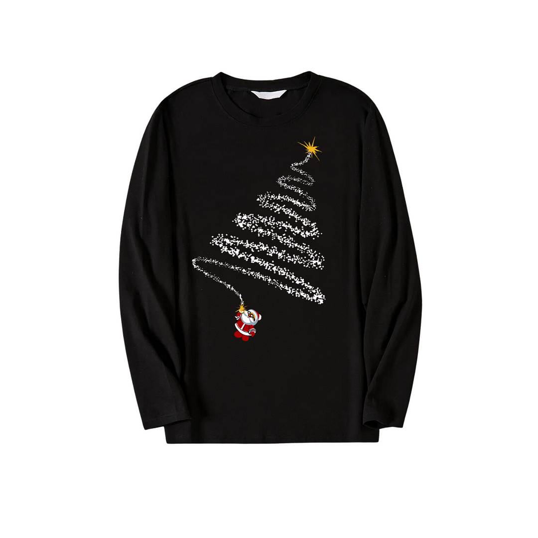 Santa Claus and Christmas Tree Print Black Long Sleeve Top with Green and Black Plaid Family Matching Pajamas