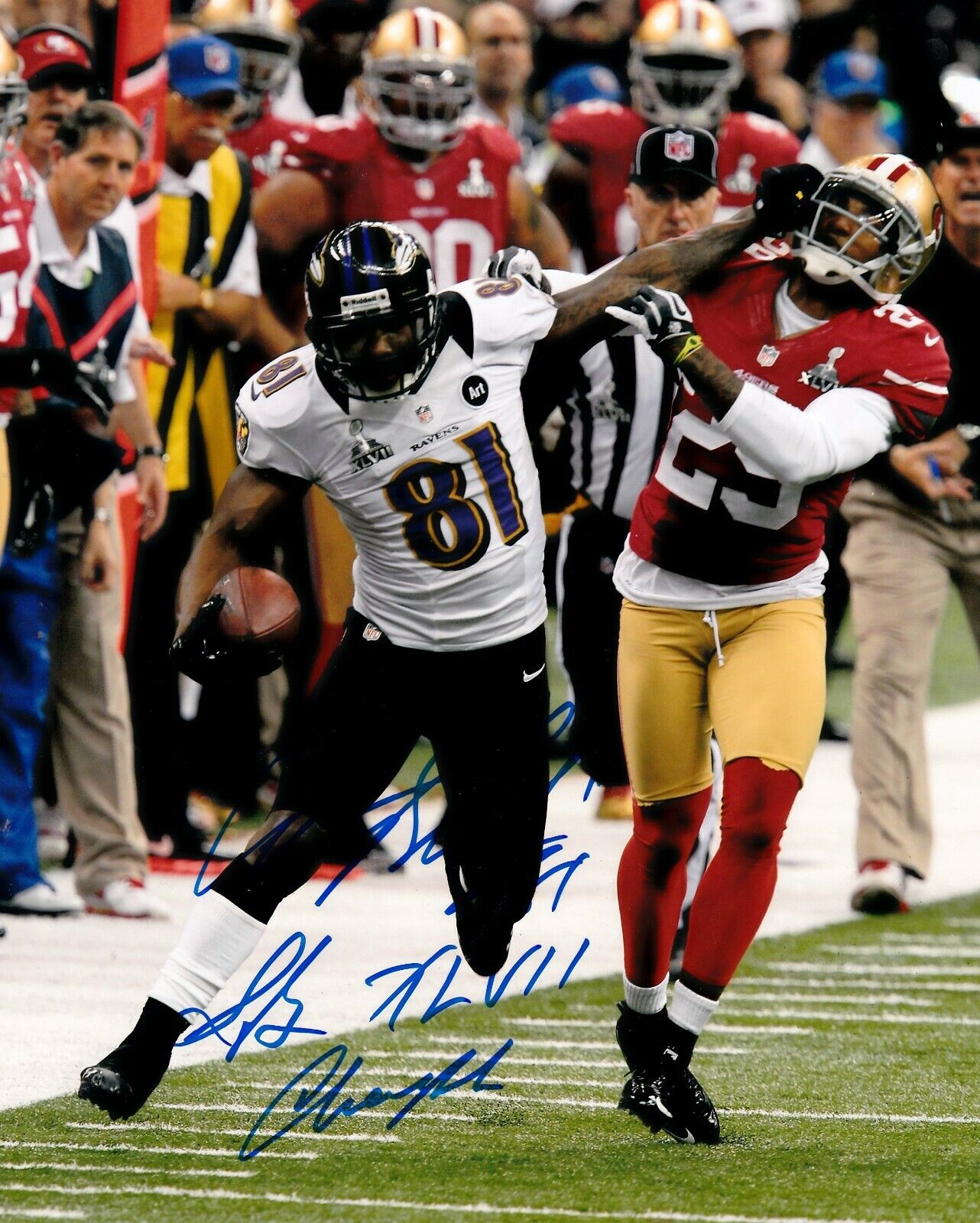 ANQUAN BOLDIN BALTIMORE RAVENS SB XLVII CHAMPS ACTION SIGNED 8x10