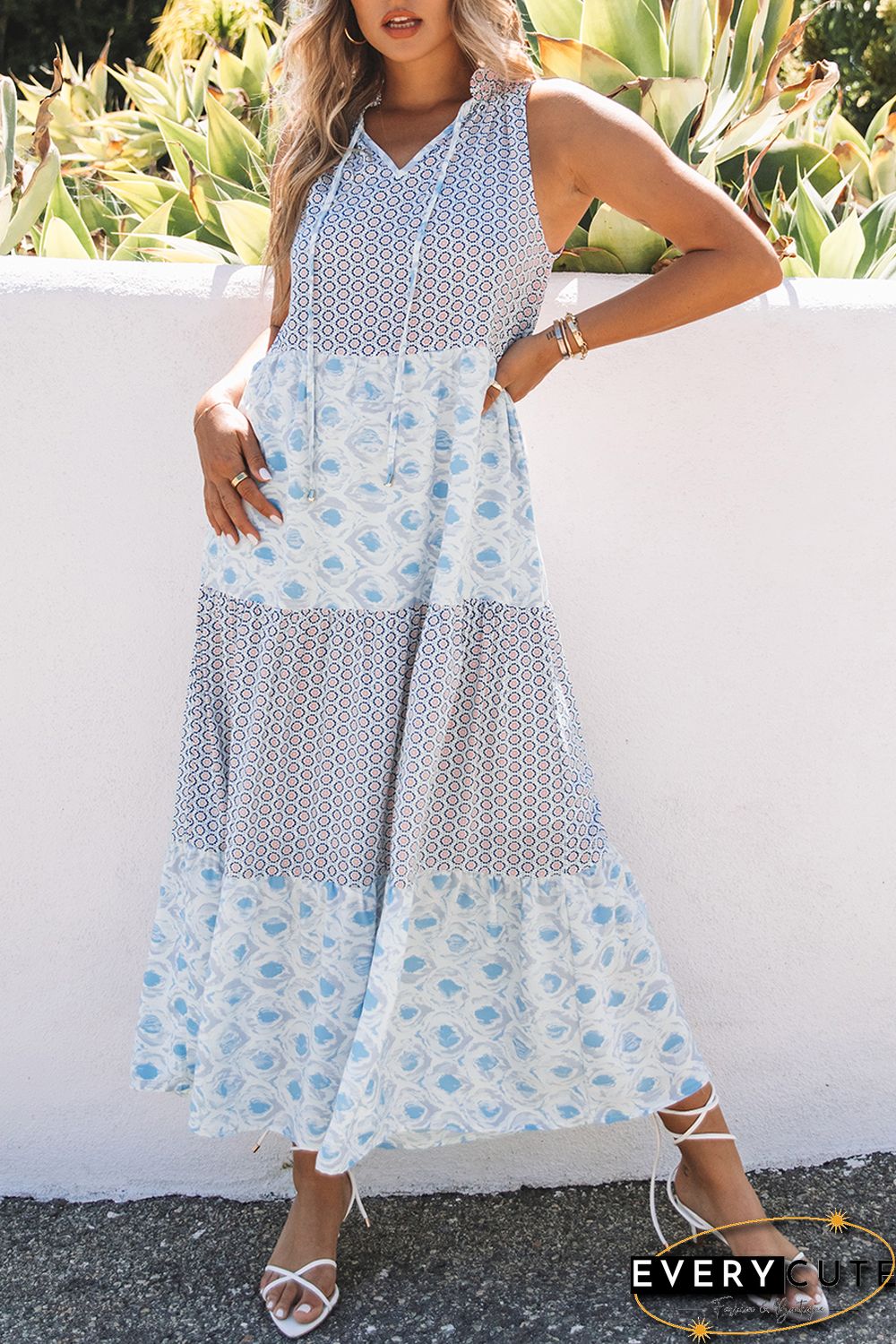 Sky Blue Abstract Print Split Neck Sleeveless Maxi Dress