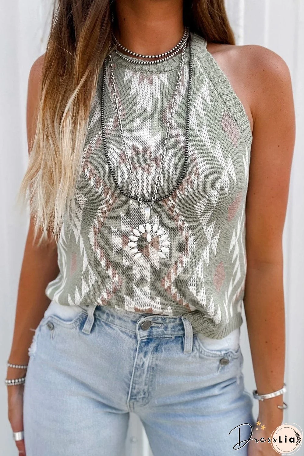 Laurel Green Aztec Print Sleeveless Knit Sweater Tank