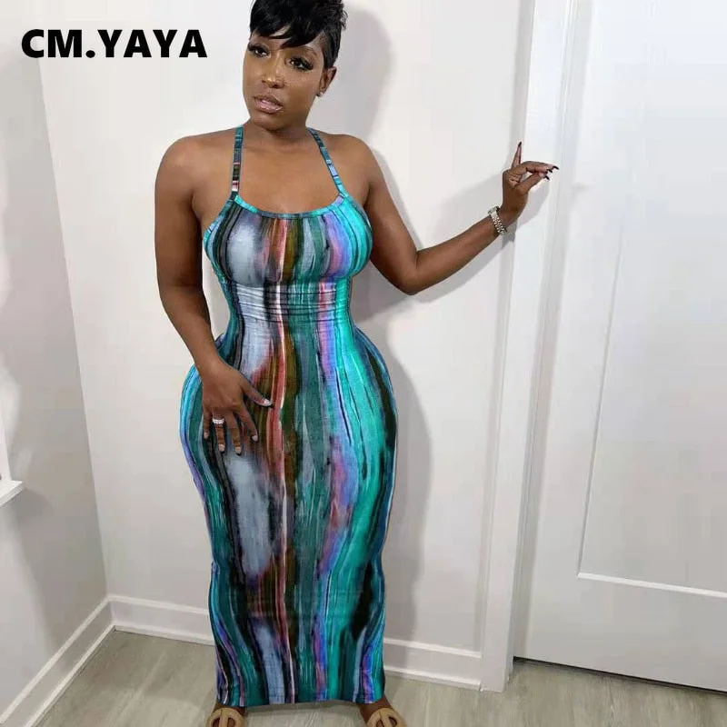 CM.YAYA Tie Dye Print Halter Open Back Maxi Dress For Women Bodycon Sleeveless Splited Back Pencil Midi Long Dresses Summer 2021