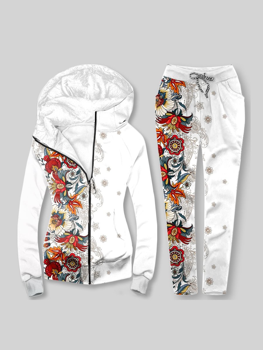 Women's Contrast Print Casual Hoodie Set