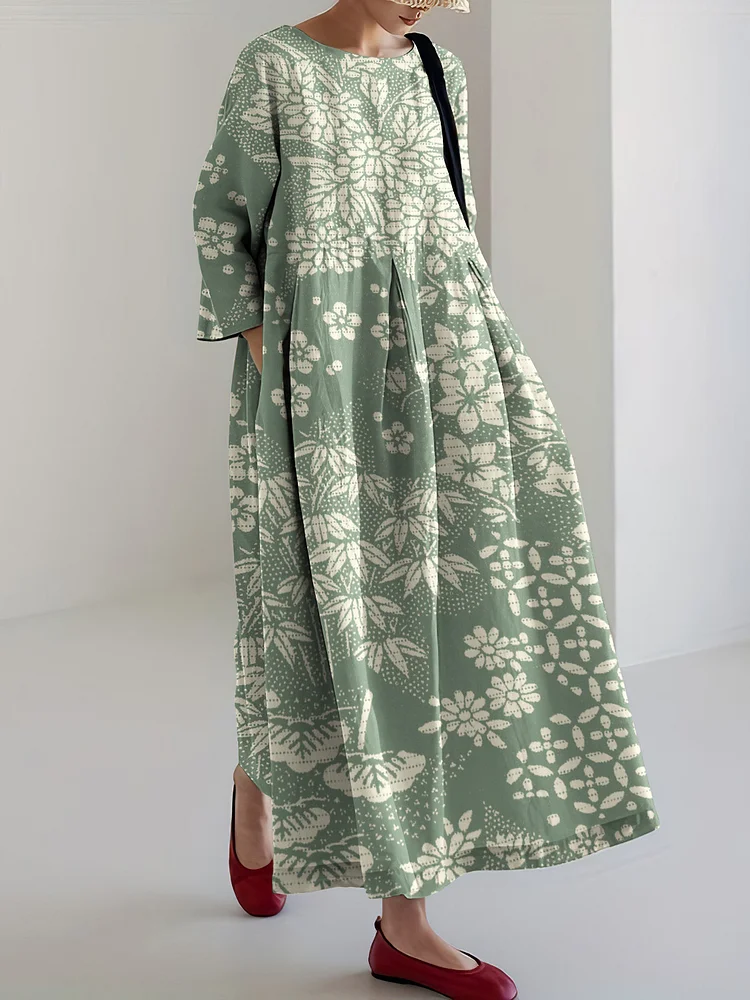 Vintage Japanese Art Flower Print Casual Midi Dress