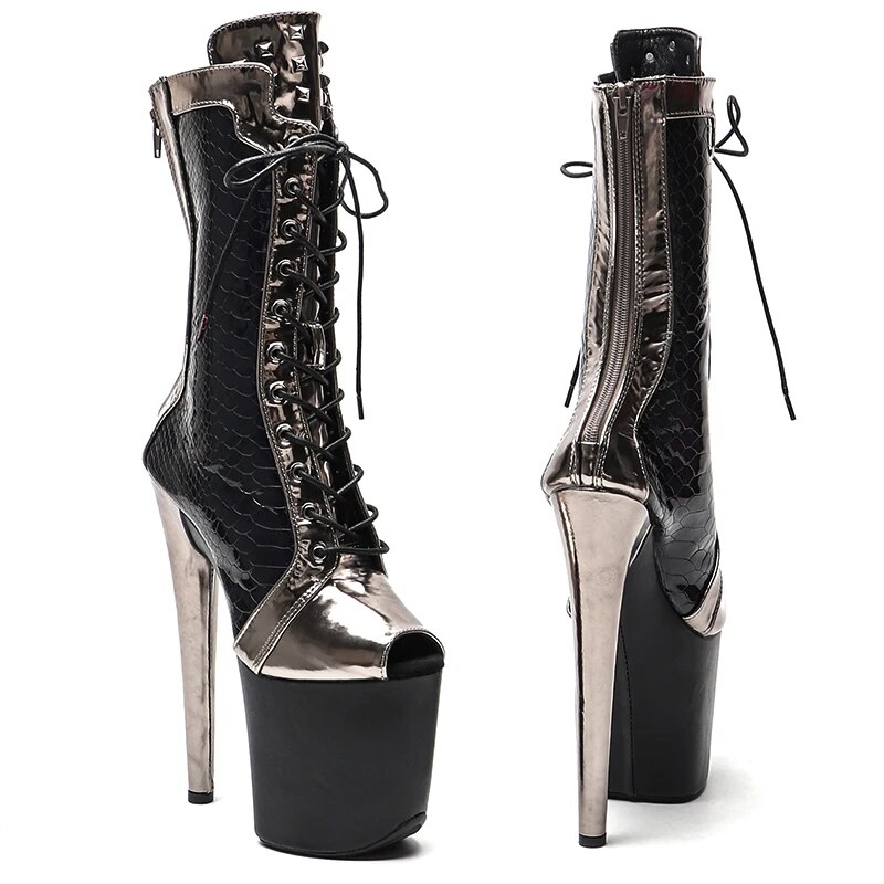 VCshoes 20CM/8inches PU Upper Black With Gun Color Open Toe Pole Dancing Shoes High Heel Platform Pole Dance Boot