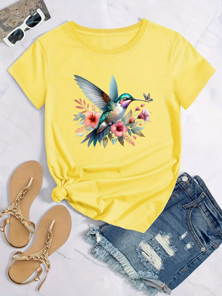 AL™ Bird Print T-Shirt,Spring & Summer For Nature Lover Casual Crew Neck Short Sleeve T-Shirt Tee -xn0617-9-Annaletters