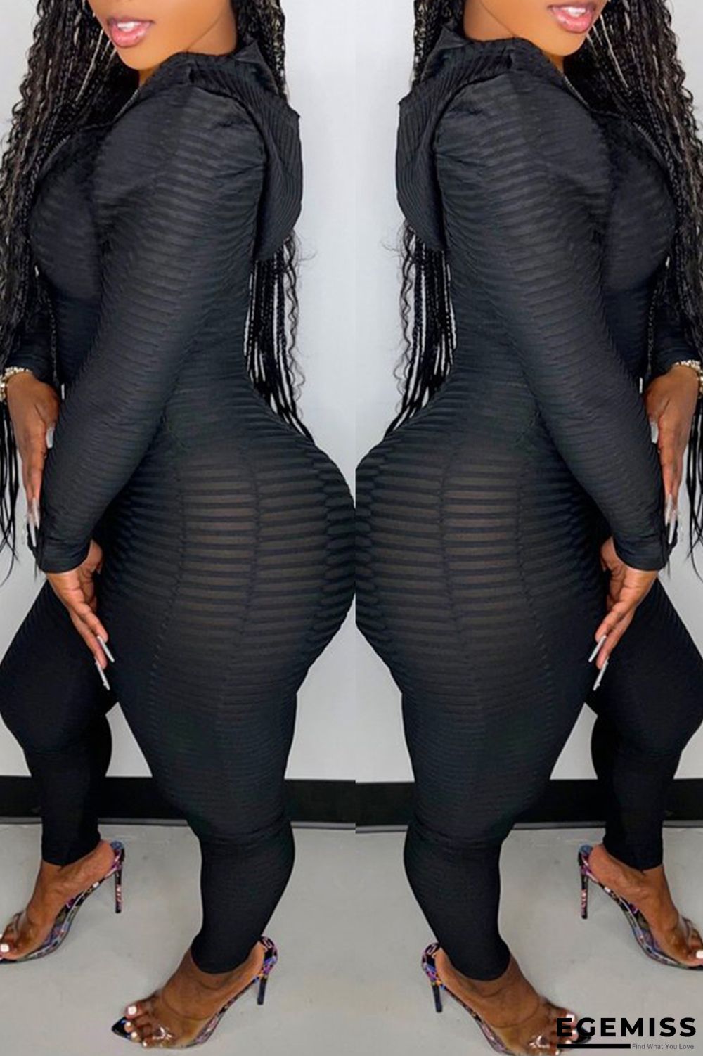 Black Casual Sportswear Patchwork Zipper Hooded Collar Long Sleeve Two Pieces | EGEMISS