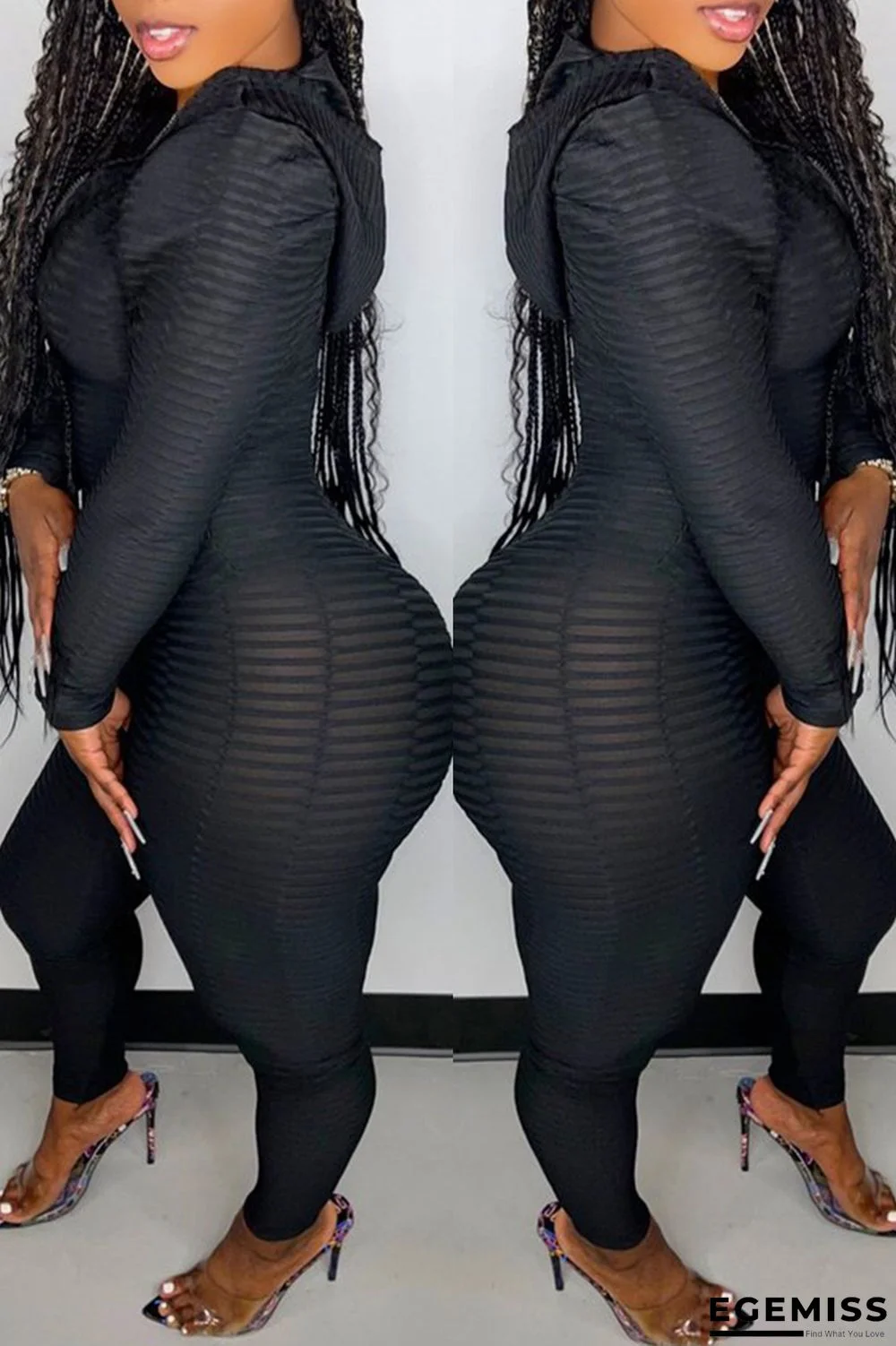 Black Casual Sportswear Patchwork Zipper Hooded Collar Long Sleeve Two Pieces | EGEMISS