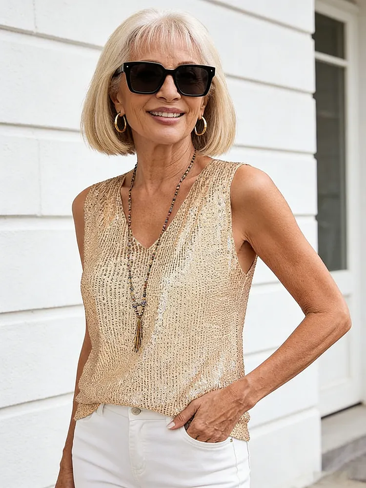 V-Neck Sequin Short Sleeve Ladies Shiny Tank Party Shirt