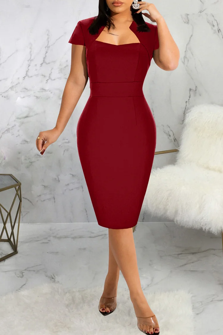 Burgundy Fashion Casual Solid Basic Short Sleeve Dress