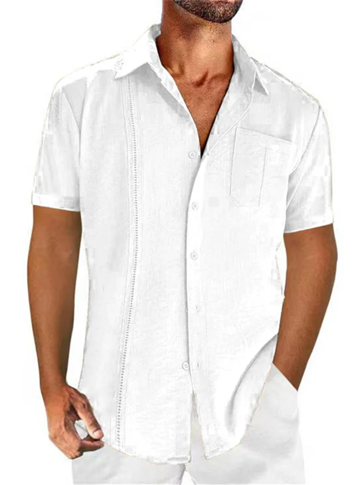 Men's Shirt Linen Shirt Button Up Shirt Summer Shirt Beach Shirt Guayabera Shirt Black White Navy Blue Short Sleeve Plain Lapel Summer Casual Daily Clothing Apparel Front Pocket