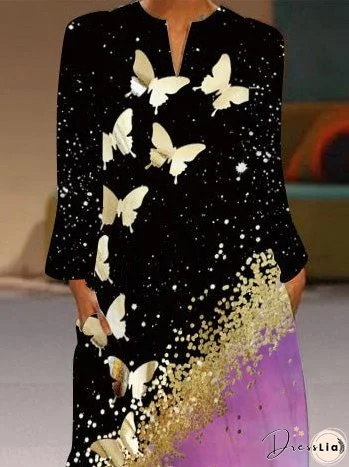 Women's Dresses Loose V-Neck Printed Pocket Long Sleeve Dress