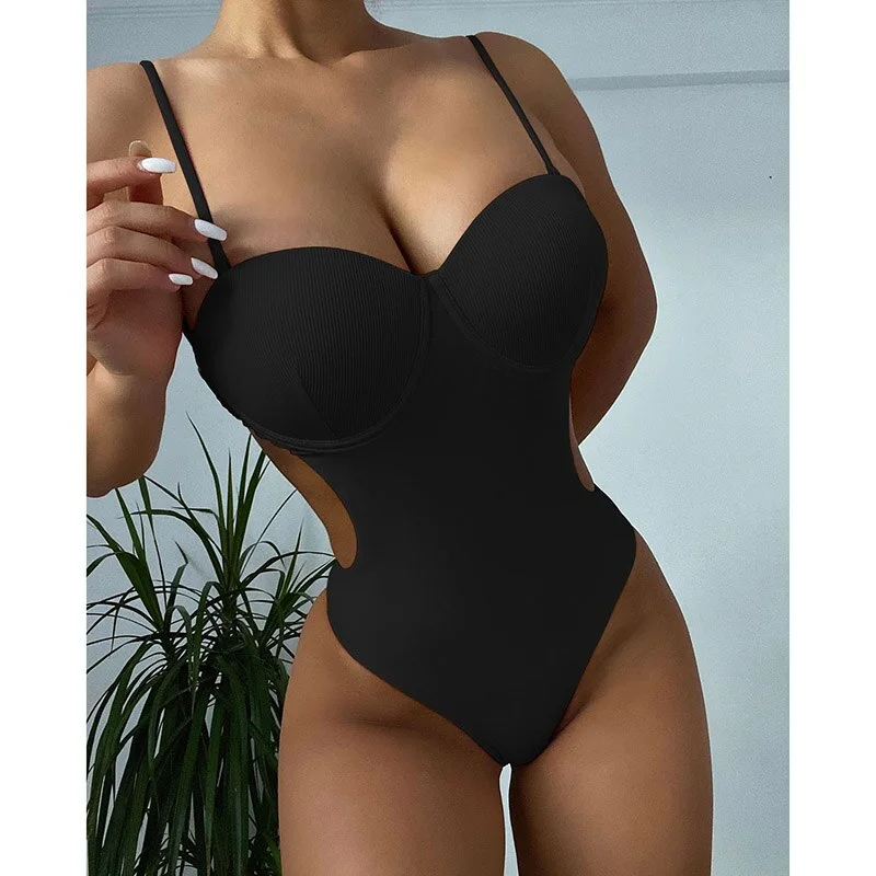 INGAGA Push Up One Piece Swimsuits Cut Out Swimwear Women 2022 Backless Bathing Suits Solid Monokini Bodysuit High Cut Beachwear