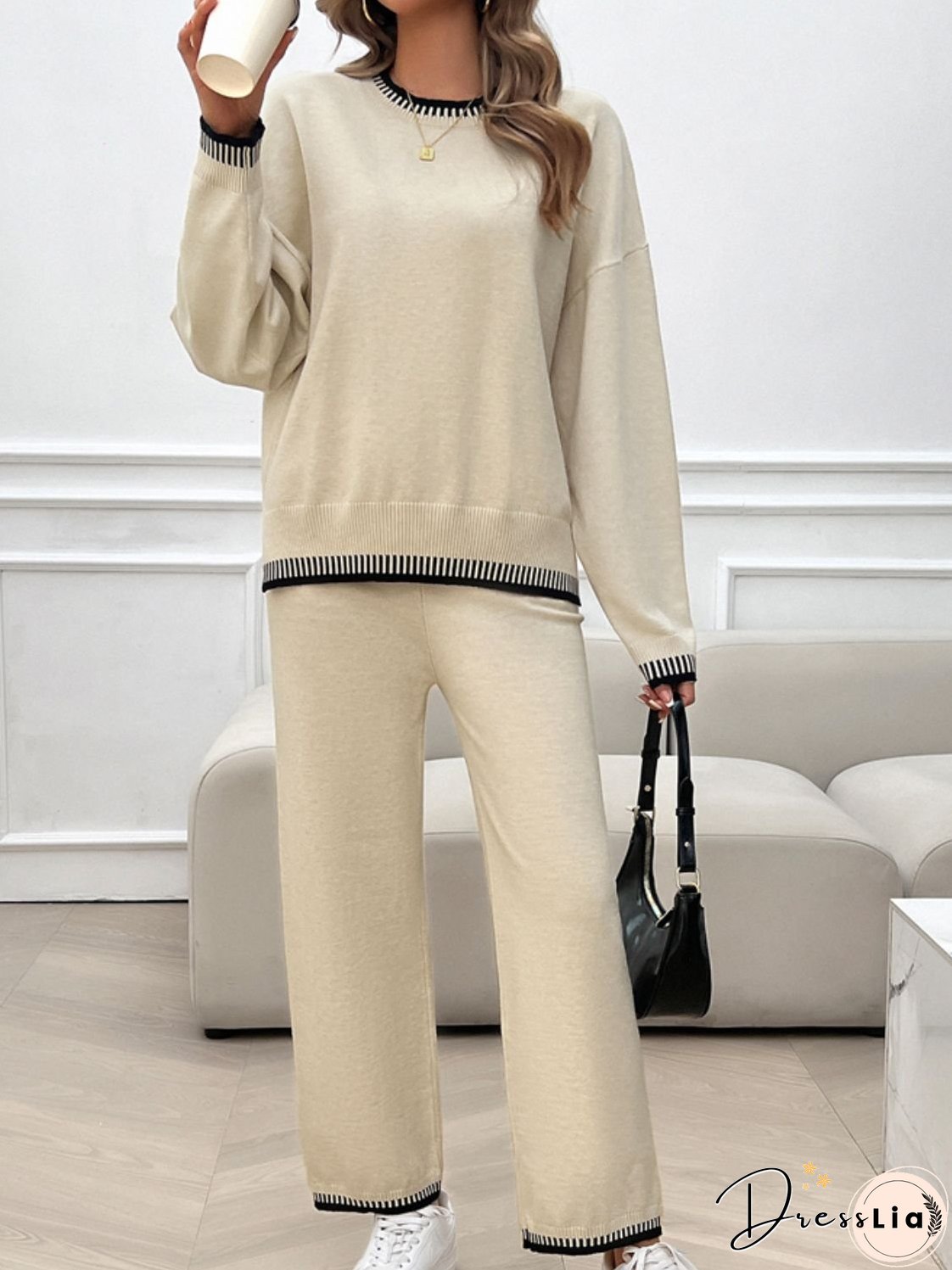 Round Neck Dropped Shoulder Top and Pants Sweater Set