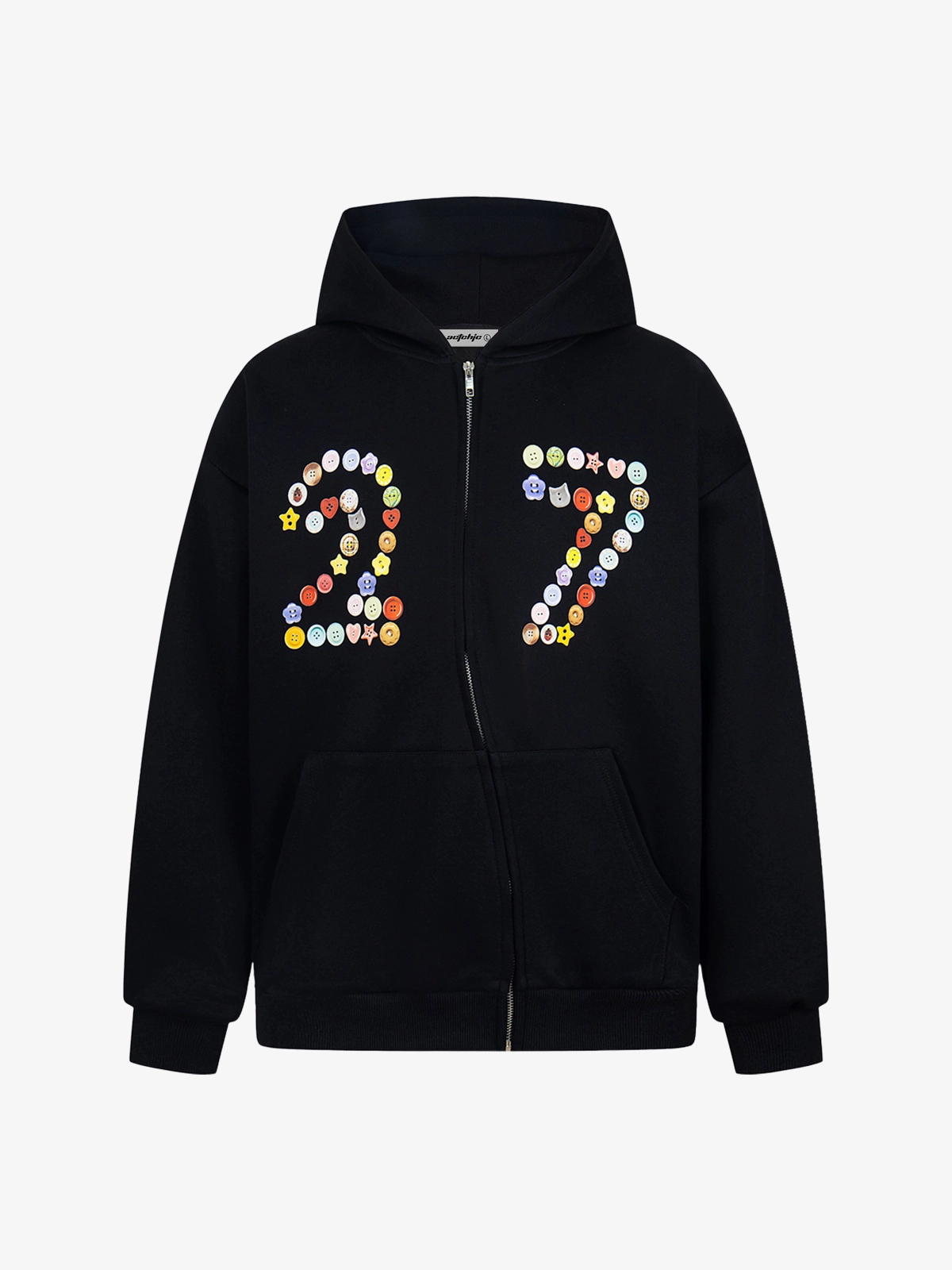 Black Actchic Button Number Print Asymmetrical Zipper Hoodie Front