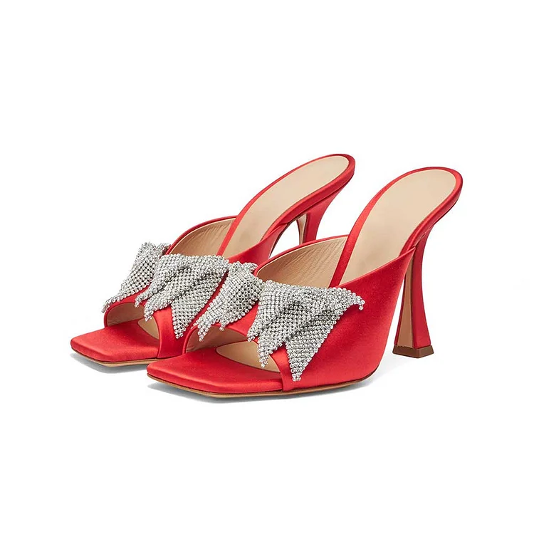 Red Satin Open Square Toe Rhinestone Mesh Bow Spool Heel Mules Shoes |FSJ Shoes