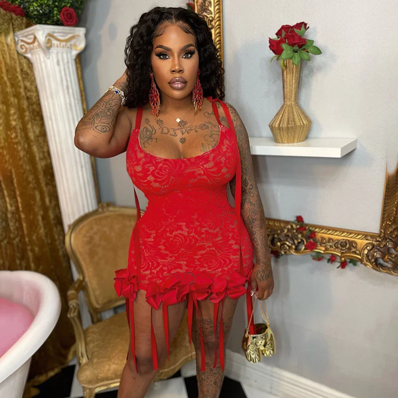 Uveng Uveng Women's Summer New Colored Ribbon Rose Lace Spliced Sleeveless Suspension Dress