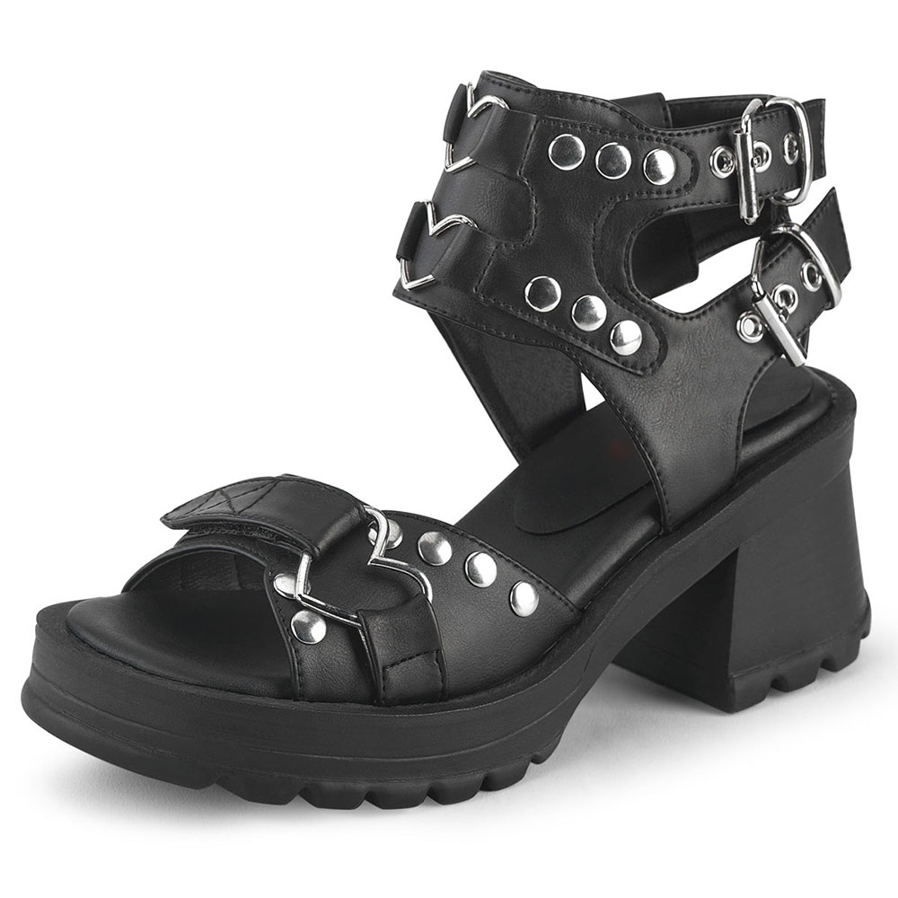 Black Round Toe Chunky Heel Studded Buckle Strappy Platform Sandals    Nicepairs