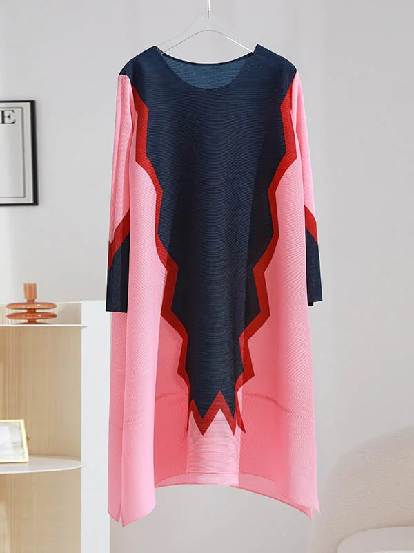 Casual Loose Long Sleeves Contrast Color Printed Pleated Round-Neck Midi Dresses