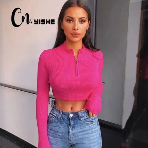 Pornhint CNYISHE 2023 Spring Casual Neon Crop Tops T-shirt Women Solid Sexy Fitness Zipper Tees O-neck Long Sleeve T Shirts Blusas Female