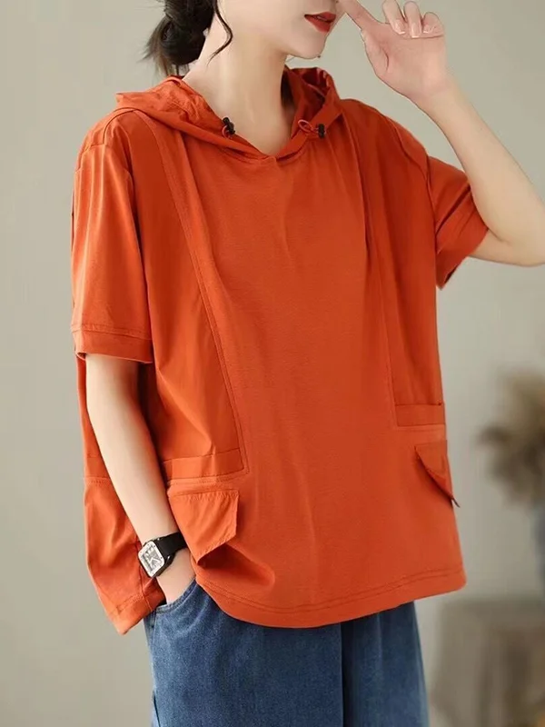 Hooded Loose Drawstring Solid Color Split-Joint Hooded T-Shirts Tops