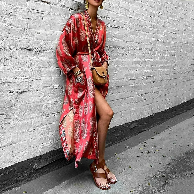 Vacation Lace-up Long Sleeve Printed Dress