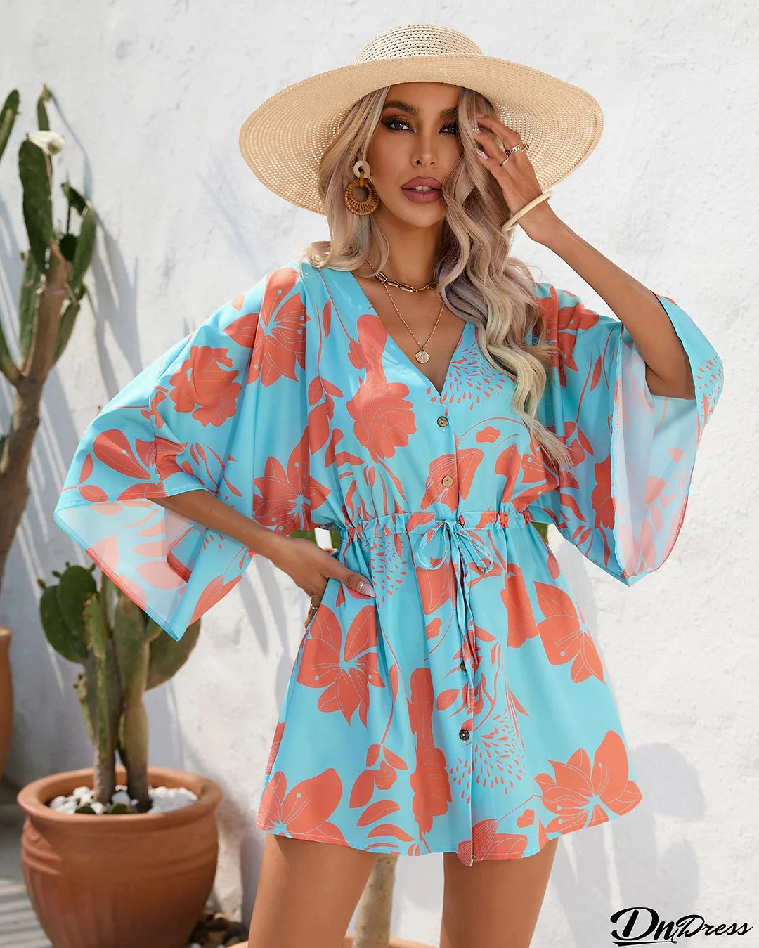 Elegant Print Printing V Neck Wrapped Skirt Dresses(5 Colors)