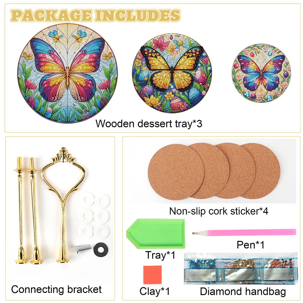 3 Tier Butterfly Round Diamond Painting Tray Food Plate for Adults Beginners