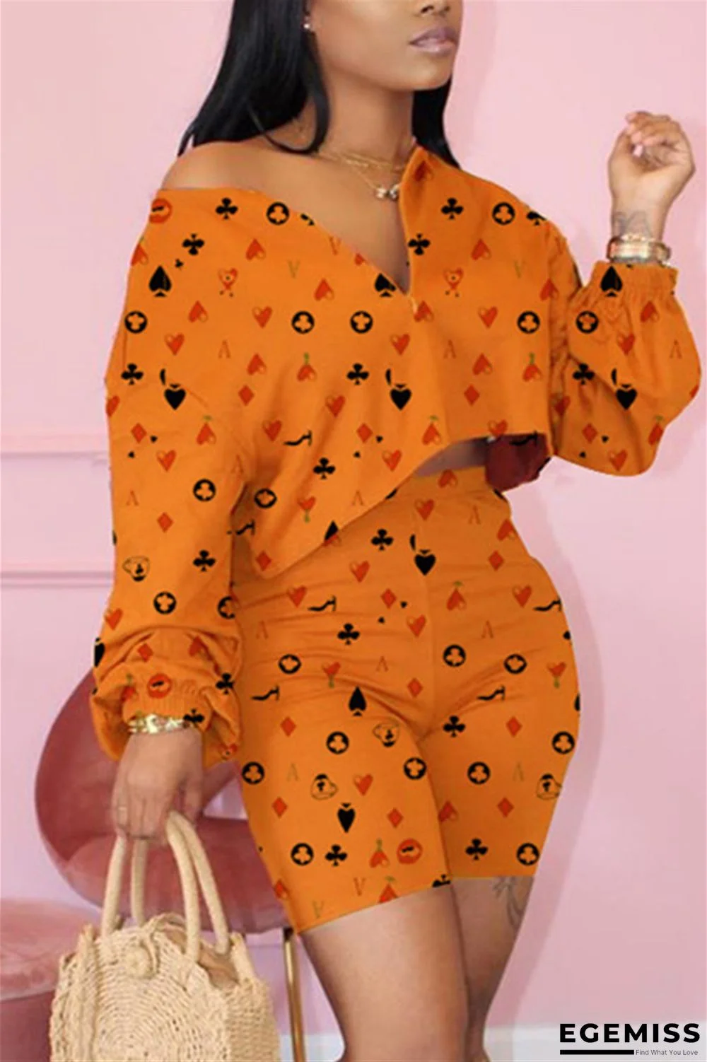 Orange Fashion Casual Europe and America Print Regular Long Sleeve Two Pieces | EGEMISS