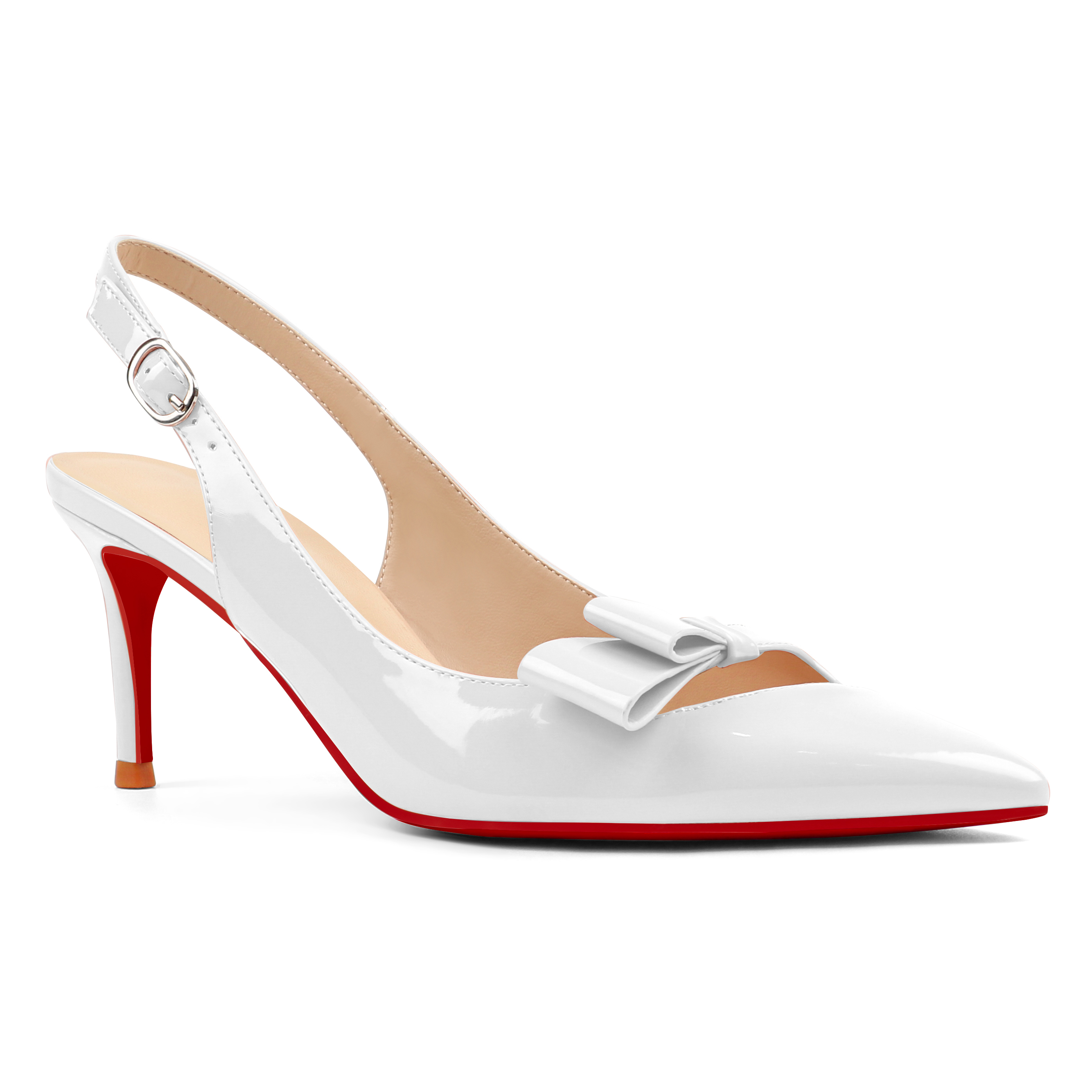 65mm Women's Stiletto Mid Heels Pumps Pointed Toe With Bows Slingback Red Bottoms Prom Sandals Shoes-vocosishoes