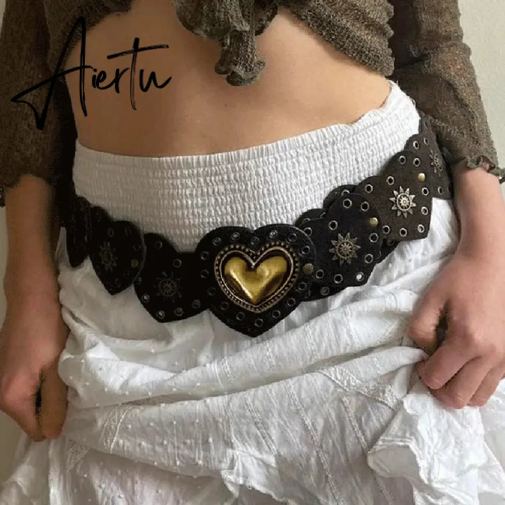 Fairycore Cottage Vintage Heart Shape Belts Women PU Leather Adjustable Brown Sashes Y2K Grunge Rivet Hollow Out Accessaries Aiertu