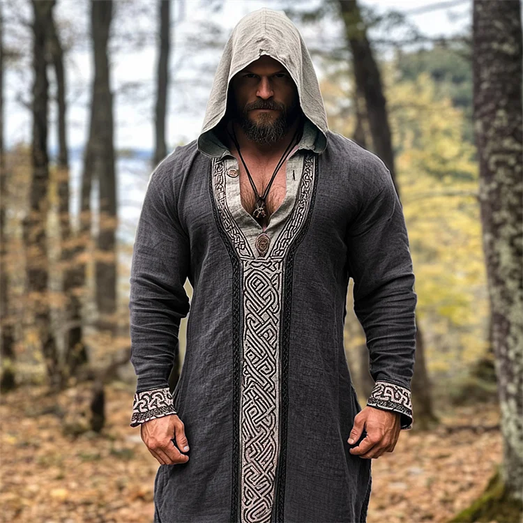 Men's Viking Celtic Contrast Color Hooded Long Linen Tunic