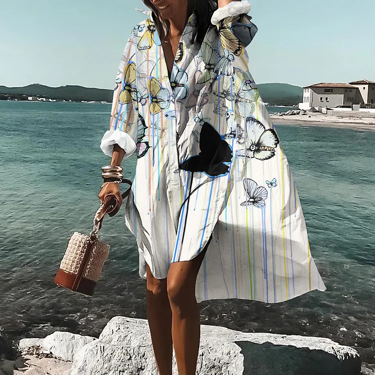 Comstylish Butterfly Printed Button Casual Midi Dress